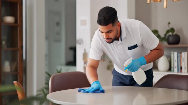 Cleaning the Table: A focused individual wearing gloves meticulously cleans the table, utilizing a spray bottle and cloth to maintain a pristine and sanitary surface. 