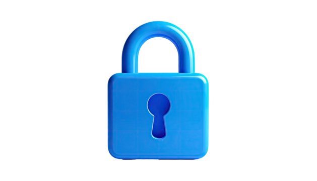 A 3D rendered blue padlock, centered on a black background