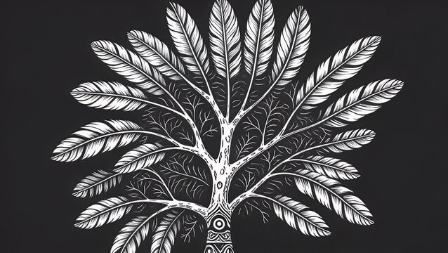 A stylized illustration of a tree motif intricately decorated with patterned