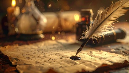 Vintage quill pen writing on ancient parchment paper by candlelight