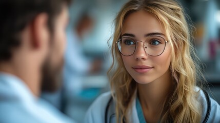 Consultation and Compassion: A doctor in glasses, radiating professionalism and empathy, engages in a vital conversation with a colleague in a bright, modern setting.