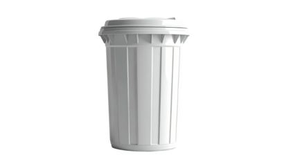 White cylindrical trash can with a lid, set against a black background