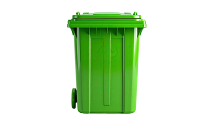 A vibrant green trash container stands centered on a stark black background