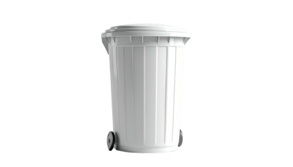 A white, cylindrical bin with a lid and wheels, isolated on a black background