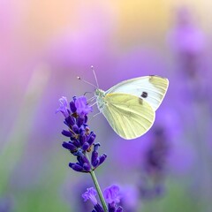 Naklejka premium Close-up of a white butterfly on vibrant purple lavender