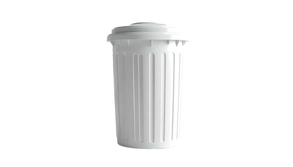 Rendered isolated white trash can with lid, against a stark black background