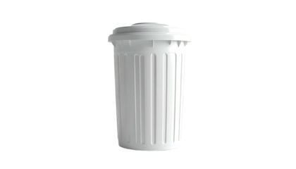 Rendered isolated white trash can with lid, against a stark black background