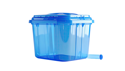 Clear blue square container with a lid and spout, set against a black background