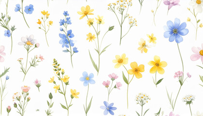 Floral Pattern: Delicate wildflowers in a soft, watercolor style, creating a seamless pattern of vibrant colors and intricate details, bringing a touch of nature's beauty to any design.