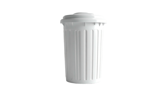 Rendered isolated white trash can with lid, against a stark black background
