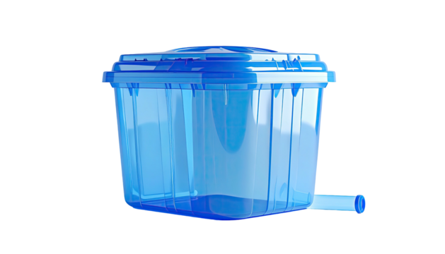 Clear blue square container with a lid and spout, set against a black background