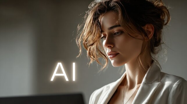 AI & Reflection: A stunning woman deeply engrossed in her work, illuminated by the glow of the AI inscription, conjuring a sense of modern intellectualism and introspection.
