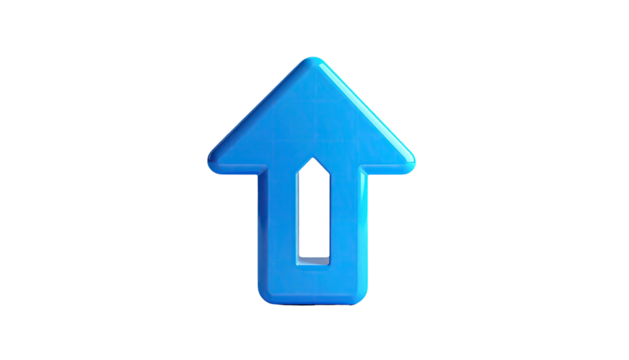 A glossy, blue, upward-pointing arrow against a stark black background