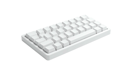 Clean white, compact mechanical keyboard, 60% layout, floating keycaps, isolated on black