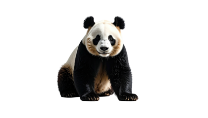 A black and white panda bear sits facing forward against a stark black backdrop