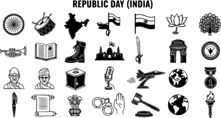 Republic Day (India) Icons Set - Collection of National Symbols, Landmarks, and Elements in Outline Style