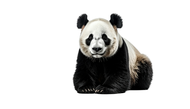 A friendly giant panda with black and white fur sits against a black backdrop