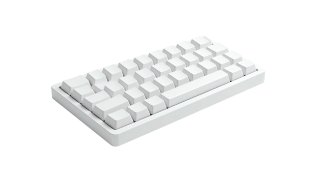 Clean white, compact mechanical keyboard, 60% layout, floating keycaps, isolated on black