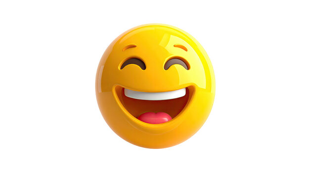 Rendered 3D emoji smiling widely with shiny yellow and black background