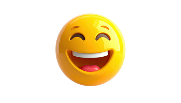 Rendered 3D emoji smiling widely with shiny yellow and black background - Powered by Adobe