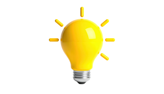 A glowing, yellow lightbulb with radiant rays, set against a stark black backdrop