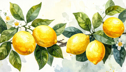 Lemon Branch Watercolor: A vibrant watercolor painting depicts a sunlit branch laden with ripe lemons and lush green leaves, evoking a sense of freshness and natural beauty.
