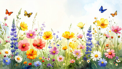 Blossoming Meadow Symphony: A vibrant watercolor painting depicts a flourishing meadow, teeming with a colorful array of wildflowers and fluttering butterflies against a soft, dreamy backdrop.