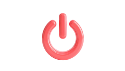 Shiny, three-dimensional red power button icon floating against a black background
