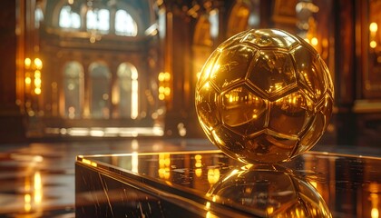 Shiny golden soccer ball placed on a reflective pedestal inside a grand luxurious hall illuminated by warm golden light, symbolizing victory, prestige, and excellence.