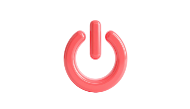 Shiny, three-dimensional red power button icon floating against a black background - Powered by Adobe