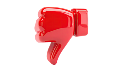 Gleaming red 3D rendered thumbs-down icon, isolated on a stark black background