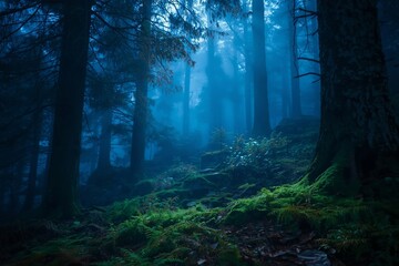 Obraz premium Soft blue light fills a forest edge covered in moss and ferns. Mist drifts between trees in a calm and cinematic blue hour mood. 