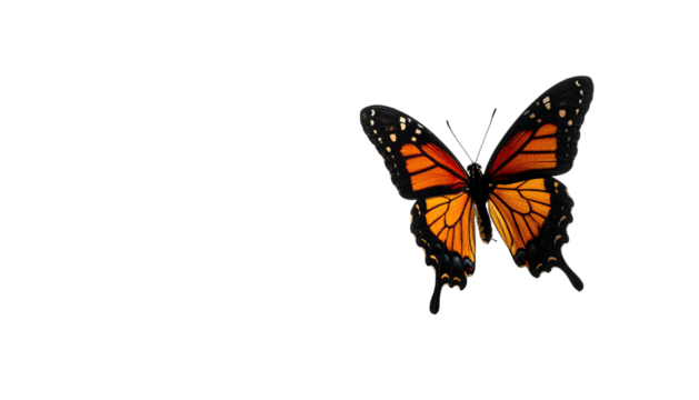 Vibrant Monarch butterfly with orange and black wings against a black background