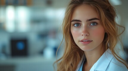 Fototapeta premium Grace and Wisdom in Science: A thoughtful individual in a lab coat looks directly at the camera with an air of intelligence.