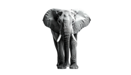 A grayscale portrait of an African elephant against a stark, black background