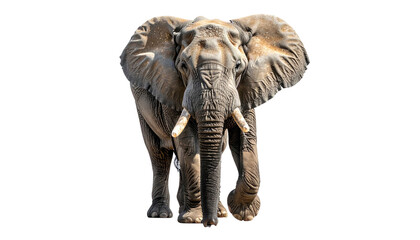 Majestic African elephant facing forward, isolated on a black background
