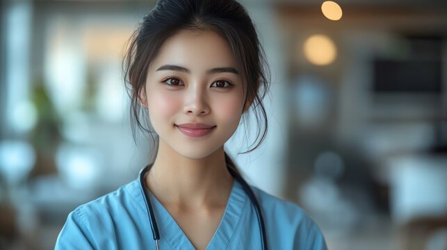 Radiant Healthcare Professional: A skilled and compassionate healthcare worker, exuding confidence and approachability, welcomes the viewer with a gentle smile, symbolizing care and expertise.