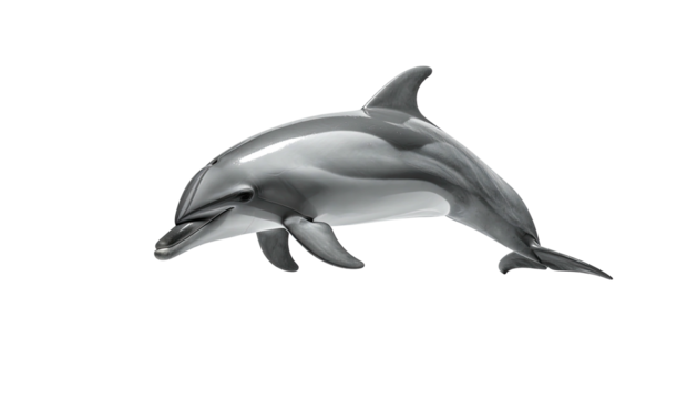Rendered dolphin, sleek gray, black background, streamlined form, dynamic pose