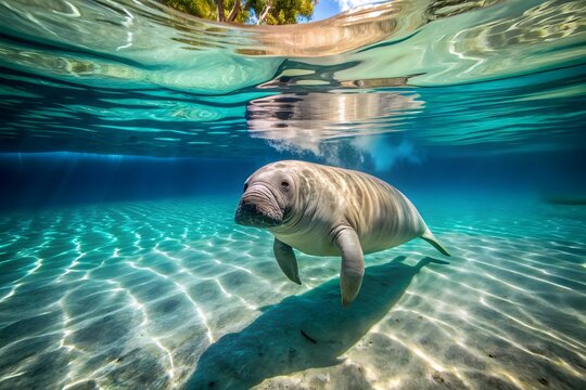 A manatee swims in the clear blue waters of a tropical lagoon, florida