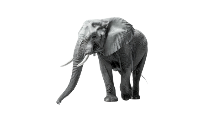 A majestic African elephant strides forward, rendered in stunning monochrome