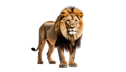 Obraz premium Majestic lion with a golden mane stands confidently against a black background