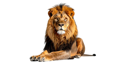 Majestic lion with a full mane, rests regally against a dark background