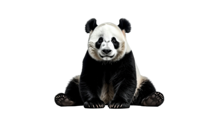 A giant panda sits, facing the viewer against a black background