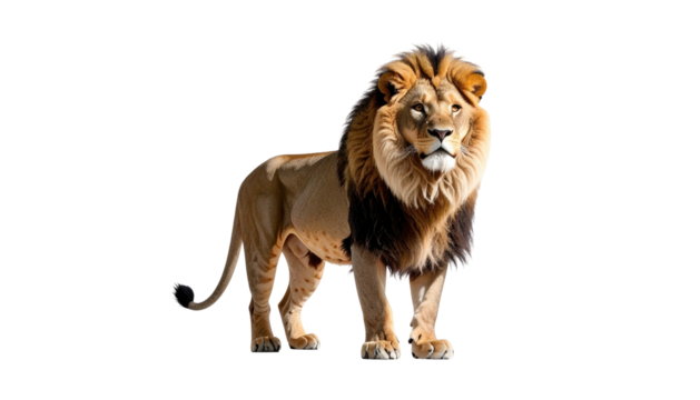 Regal lion stands proudly, facing forward against a stark black background