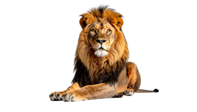 Majestic lion with a full mane, rests regally against a dark background