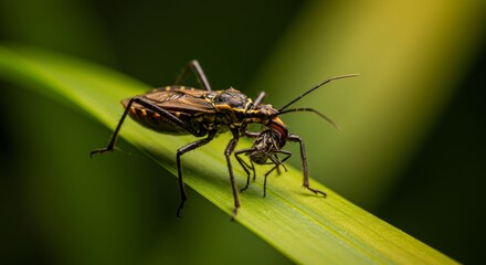 Assassin Bug Preying on Another Insect with Meticulous Detail Captured in Macro Lens