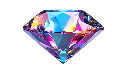 Gemstone with facets reflecting rainbow colors, set against black background