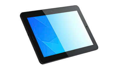 Angled view of a rectangular tablet, glossy screen displaying blue gradient