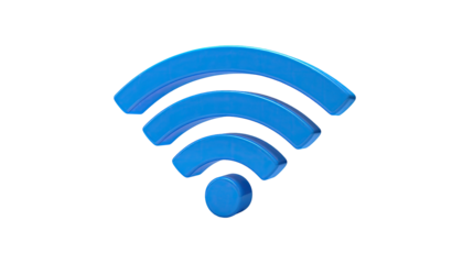 Blue wifi icon, curved signal waves, on a black background, 3D rendered