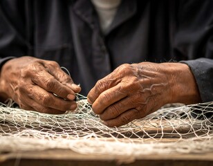 Close-up of weathered hands meticulously repairing a fishing net